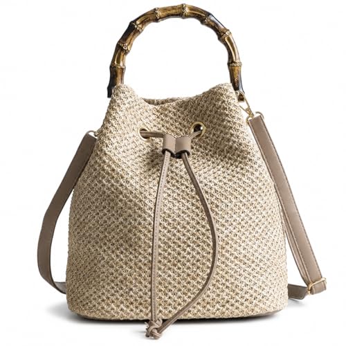 Bolso de paja tipo cubo con asa de bambú para mujer miniatura 1