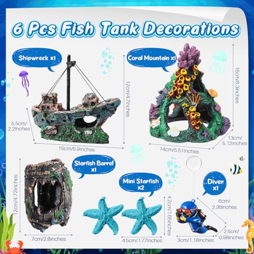 Image of Zeyune 15 Pcs Fish Tank Decorations Mountain Ornament Broken Barrel Sunken Ship Artificial Seaweed Water Plants Colorful Coral Reef for Fish Bowl Aquarium Decor (Green)