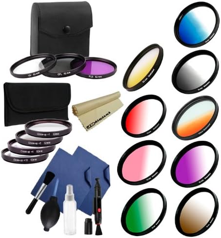 52mm 4-piece Close Up Filter Set (+1, +2, +4, +10) + 52mm High Resolution 3-piece Filter Set (UV, Fluorescent, Polarizer) + Complete Graduated Lens Color Filters + Professional Cleaning Kit (Lens Cleaning Pen, Lens Brush, Air Blower Cleaner, Handy Empty Spray Bottle, 2 Super Fine Microfiber Cleaning Cloth) For The Nikon D7000, D5100, D3200, D3100, D3000, D5000, D4, D800, D800E, D600, D40, D40x, D50, D60, D70, D80, D90, D100, D200, D300, D3, D3S, D700 Digital SLR Cameras + Super Fine JB Digital Microfiber Cleaning Cloth