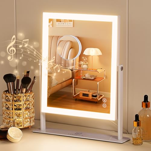 FENCHILIN Espejo de Maquillaje con iluminación 25x30 cm Hollywood Espejo 3 Colores luz Regulable Espejo con iluminación música Altavoz Volumen 10 x Aumento 360° rotación Blanco