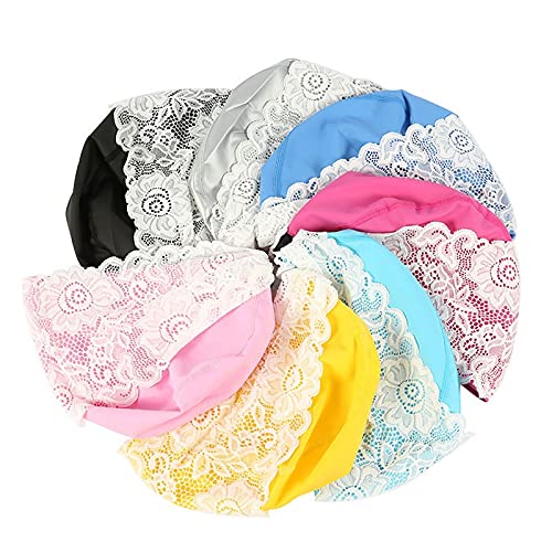 Gorro de baño Gorro de baño for Mujer con Encaje Floral, Impermeable, con Revestimiento de PU, Tejido for Piscina, Protege el Cabello Largo y Las Orejas for Mujer(Black)