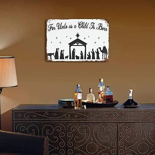 Merry Christmas Birth Of Jesus Metal Tin Sign Unto Us A Child Is Born Tin Plaque Plate Retro Vintage Personalized Metal Sign Merry Christmas Sign For Plaque Poster Cafe Wall Art Gift 8X12 Inch #TOP5