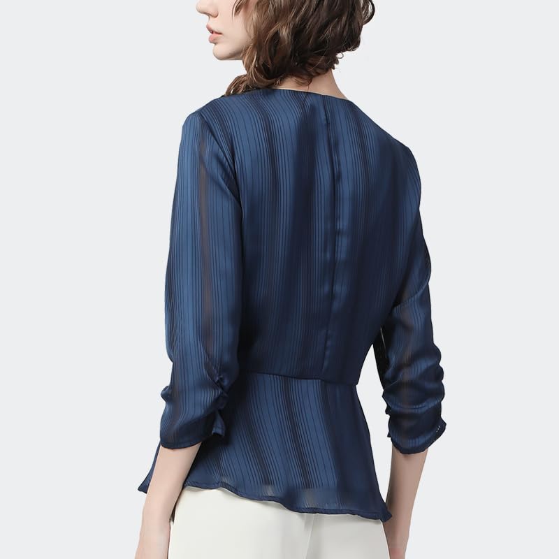 Blusas de Gasa a Rayas Azules para Mujer, Blusas Informales de Oficina con Cuello en V Ajustadas con Fajas y Mangas Tres Cuartos, Camisa (Negro XL)