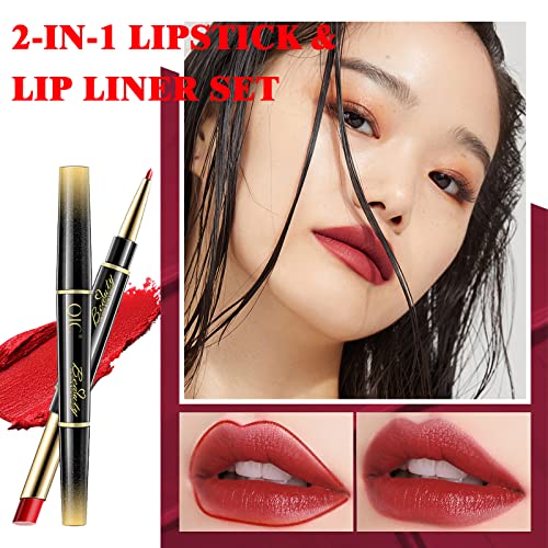 Lip Liner And Lipstick Set,2-in-1 Double Head Matte Cream Lipstick & Lip Liner,Waterproof Sweatproof No Smudge Long-Lasting Moisturizing Smooth Highly Pigmented Makeup Set(Red) - Image 3