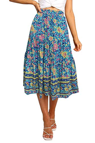 MEROKEETY Women's Boho Leopard Print Skirt Pleated A-Line Swing Midi Skirts