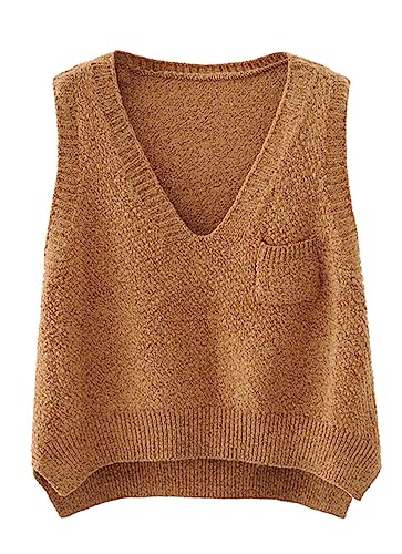 futurino Women's Boxy Solid Color Low V Neck Marled Knitted Sweater Vest Tops