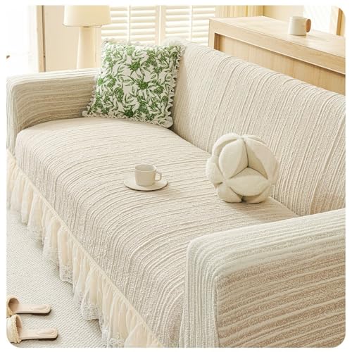 Funda de sofá con volantes de encaje verde menta - Protector de sofá lavable a máquina para todas las estaciones (se adapta a asientos seccionales de 305 a 360 cm de profundidad),Beige,4 seater