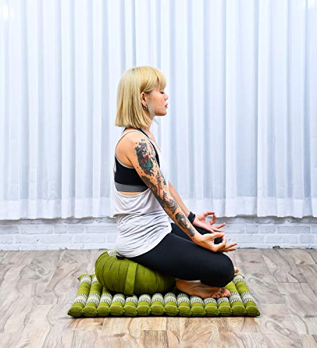Image of Leewadee Meditation Cushion Set - 1 Round Zafu Meditation Pillow and 1 Square Roll-Up Zabuton Meditation Mat, Pillows Bundle Filled with Kapok