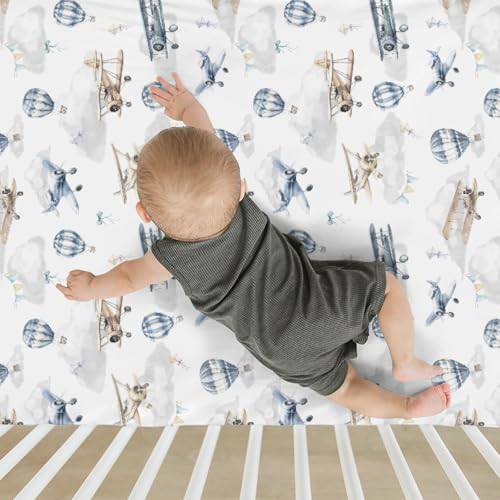 Image of Vintage Planes Airplanes Helicopters Baby Crib Sheets Boy Girl 28 inchx52 inch Hot Air Balloon Plane Clouds Sky Soft Stretchy Fitted Crib Mattress Cover Baby Sheet for Standard Crib & Toddler Mattress Pad