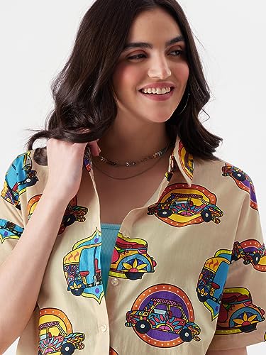 Image of The Souled Store TSS Originals: Desi Paintwork Womens Loose Fit Graphic Printed Half Sleeve Cotton Pink Women Summer Shirts