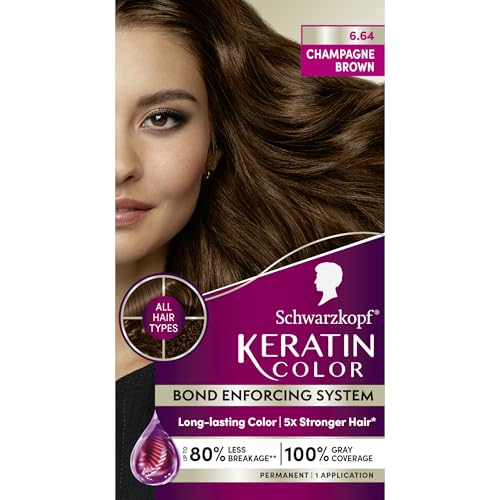 Schwarzkopf Keratin Color Permanent Hair Color, 6.64 Champagne Brown, 1 Application - Salon Inspired Permanent Hair Dye, for up to 80% Less Breakage vs Untreated Hair and up to 100% Gray Coverage