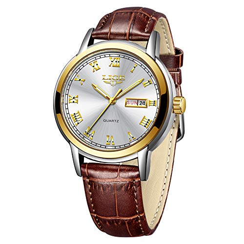 LIGE Mens Watches Casual Leather Analog Quartz Watch Men Date Business Dress Wristwatch Men's Waterproof Sport Clock Gold Casual