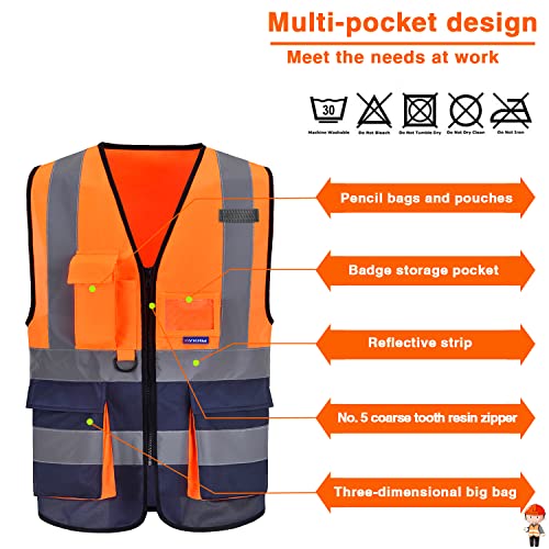 Image of High Visibility Safety Vest with 4 Reflective Strips 7 Pockets,Orange&Navy X-Small