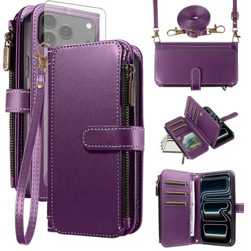 Housse iPhone 17 Pro Max en Cuir Violet avec Chaine Amovible et Clapet Magnétique