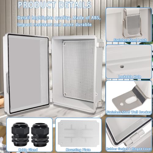 Image of Zulkit Junction Box,IP67 Waterproof Electrical Box Hinged Cover Stainless Steel Buckle Plastic Enclosure for Project w Mounting Plate Wall Bracket and 2 Cable Gland Grey 15 inchx11 inchx5.1 inch /380x280x130mm