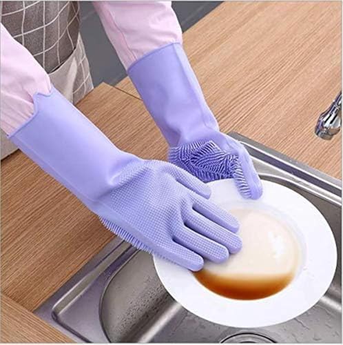 Image of Silicone Dishwashing Gloves with Built-In Scrubber | Reusable Cleaning Gloves for Kitchen & Household Use | Heat Resistant Hand Gloves for Washing Dishes & Plate Cleaning (Multicolour Pair 1)