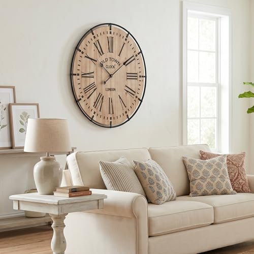 Image of EMAX HOME 30 Inch Rustic Wall Clock, Warm Light Oak Wood Look with Black Iron Frame, Silent Sweep Movement, Clear Roman Numerals and Tick Marks, for Fireplace Mantel, Hallway, or Dining Room.