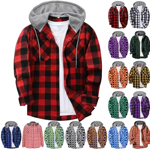 Mens Flannel Shirts Long Sleeve Hoodies Casual Button Down Plaid Shirt Jackets Stylish Hooded Coat with Pockets