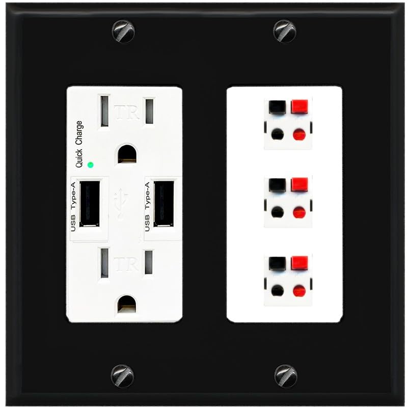 RiteAV 3 Port Speaker Wire Plug Jack Wall Plate - USB Outlet [Black/White]