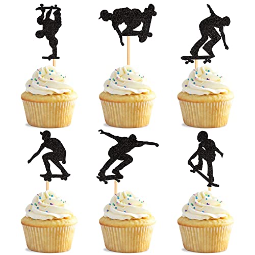 24-Pack Skateboard Cupcake Toppers Schwarz Glitter Skateboarding Cupcake Picks Sport Skaten Thema Bachelorette Geburtstag Party Kuchen Dekorationen Zubehör