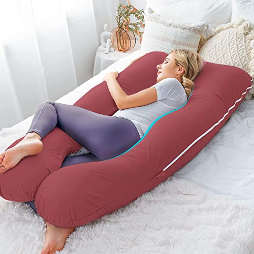Image of U-Shaped Sleeping Pregnancy Pillow| Removable Washable Cotton Cover with Zipper| PregnoCare Fibres| Maternity, Nursing| Full Body Soft Support Bump, Head, Back, Shoulder, Hips, Legs and Belly (Red)
