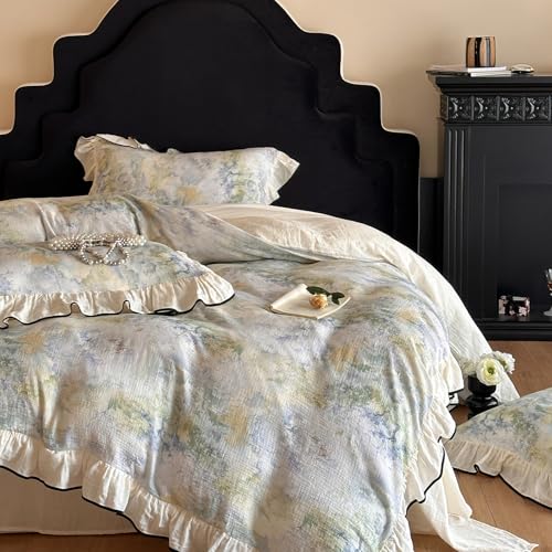 VM VOUGEMARKET Muslin Cotton Duvet Cover Set King Shabby Watercolor Duvet Cover with Ruffles Soft Linen Like Gauze Comforter Cover with Zip Closure and Corner Ties- 104"x90"