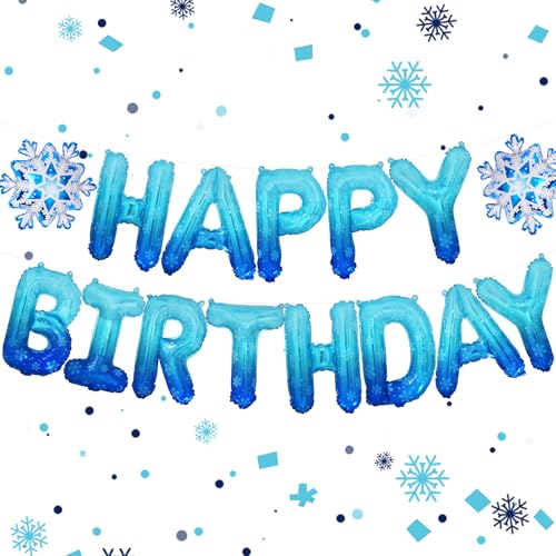 Frozen Snowflake Happy Birthday Banner, Blue Winter Wonderland Theme Backdrop Christmas Snow Winter Party Decorations Supplies for Boys Girls