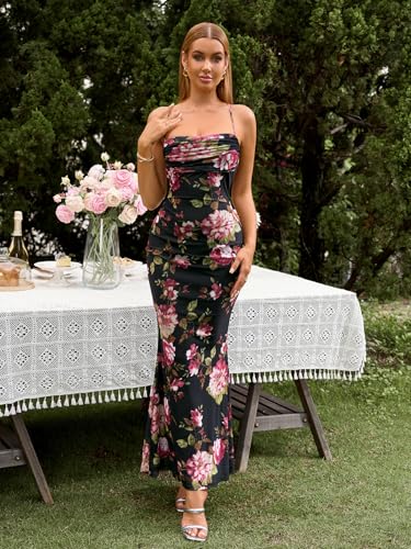 Women's Summer Floral Maxi Dress Square Neck Mesh Ruched Bodycon Formal Wedding Guest Long Dresses4