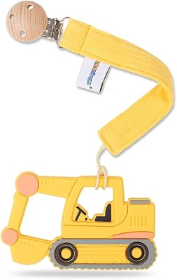 AmazingM Baby Food Grade Silicone Car Teether Toy with Pacifier Clip Holder,Teething Pain Relief Toys Gift Set for 3 Months+ Boys and Girls,Freezer Safe,BPA Free (Excavator, Yellow)