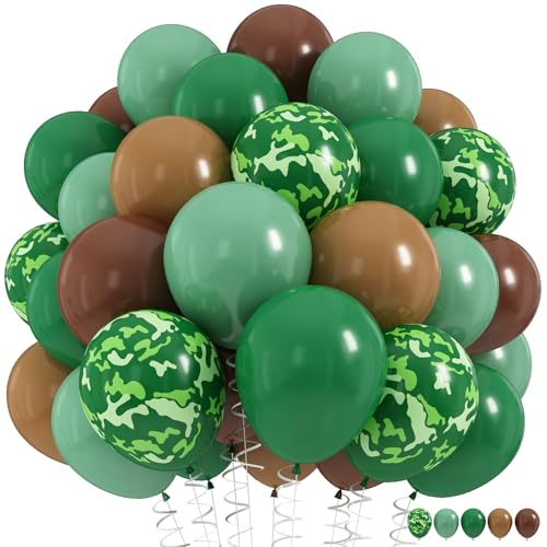 Image of Green and Brown Army Balloons Set, 12 Inch Dark Sage Green Retro Light Coffee Brown Camo Latex Balloons for Camouflage Birthday Party Hunting Soldier Camping Jungle Themed Party Decorations Supplies