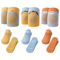 3 Paar Knieschoner Baby Krabbeln und 3 Paar Rutschfeste Socken Baby, Krabbelhilfe für Babys，Krabbelsocken, Socken für Babys mit Gummipunkten,Unisex,Geeignet für Jungen und Mädchen von 0-12 Monaten