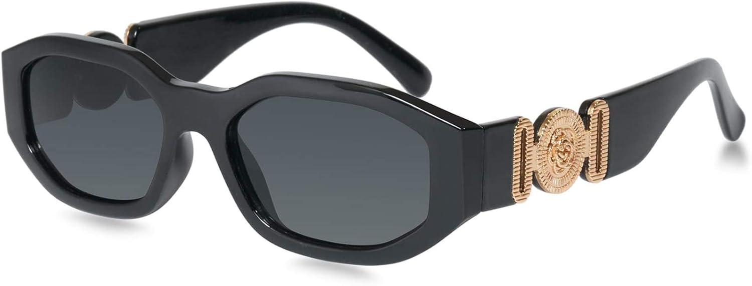 Gafas de sol de moda para hombre y mujer, rectangulares de estilo vintage, gafas de sol irregulares, unisex, color negro, gafas de sol retro astéticas, con funda para gafas, Lente negra Marco negro
