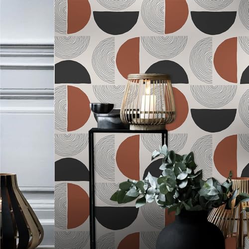 Papier peint bohème marron noir gris motif cercles géométriques rétro art abstrait moderne