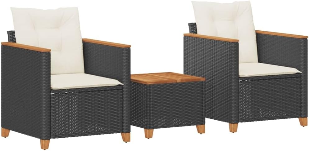 vidaXL Patio Bistro Set with Cushions 3 Piece, Table and Chairs with Armrests, Outdoor Furniture Set for Garden Balcony, Black Poly Rattan Acacia Wood
