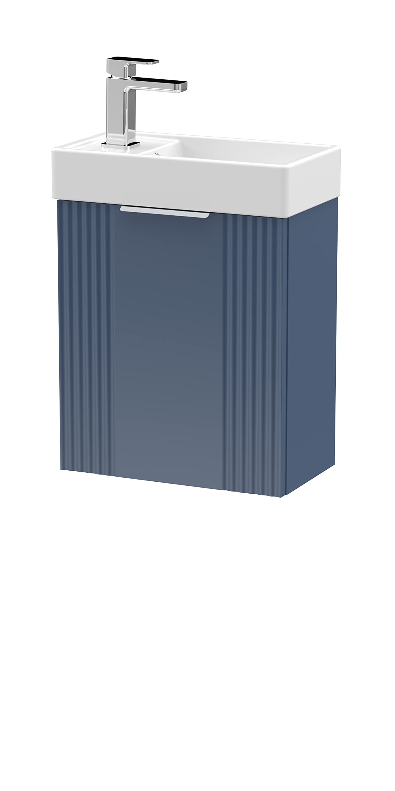 nuie FLT390 Deco Compact Modern Bathroom Wall Hung Part Fluted 1 Door Slimline Vanity Basin Unit with Ceramic Basin, 400mm, Satin Blue