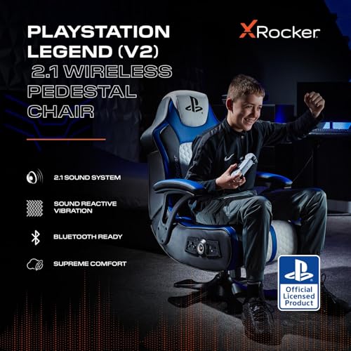 X-Rocker PlayStation Legend 2.1 Chaise de jeu avec piédestal et audio stéréo – Connectivité Bluetooth, vibration réactive, base pliable, similicuir facile à nettoyer pour enfants et adolescents – Image 4