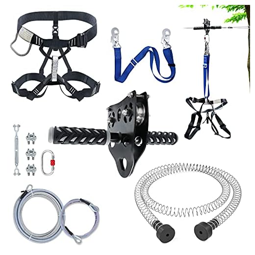 98 Feet Zip Line Kit for Kids and Adult Up to 350 lb with Zipline Spring Brake and Safety Harness, Zip line Trolley with Handle for Backyard Playground Entertainment