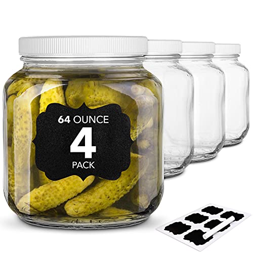 64 Oz Glass Jar with Plastic Airtight Lid (4 Pack) - Includes 6 Chalkboard Labels & 12 Pieces of Dustless Chalk - Half Gallon Mason Jar for pickling, fermentation, brewing, food storage 64 Oz Glass Jar with Plastic Airtight Lid (4 Pack) - Includes 6 Chalkboard Labels & 12 Pieces of Dustless Chalk - Half Gallon Mason Jar for pickling, fermentation, brewing, food storage