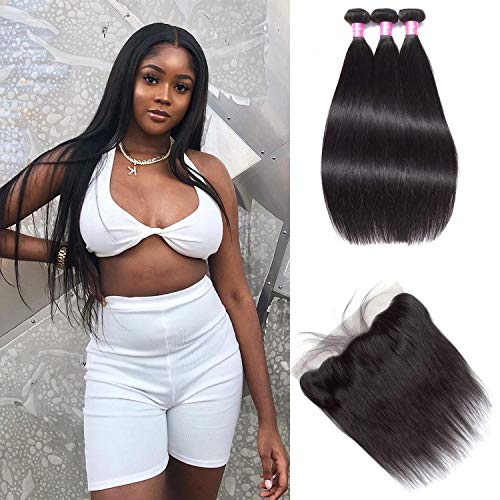 Brazilian Straight 3 Bundles With Frontal 16 18 20+14 Inches Human Hair Natural Color With Free Part 13X4 Inches Ear To Ear Lace Front 16 18 20+14 Inches