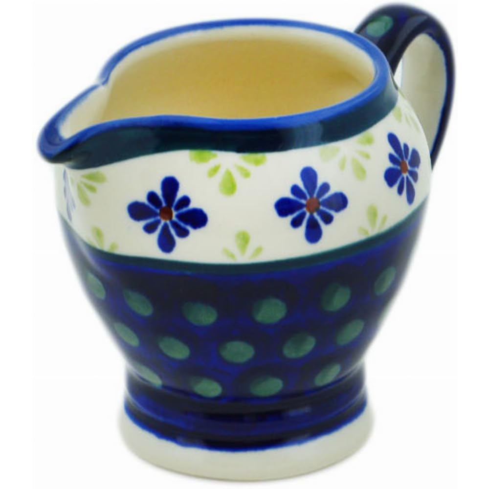 Authentic Polish Pottery Creamer in Green Gingham Peacock Design Handmade in Boles?awiec Poland + Certificate of Authenticity
