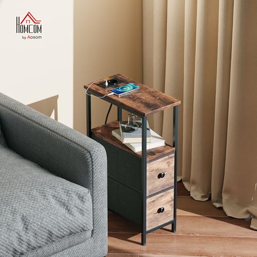 HOMCOM Couchtisch Beistelltisch mit Ladestation, Stahlrahmen, Schmal Wohnzimmertisch mit 2 Stoffschublade, offen Fach, Steckdose, USB- und USB-C-Anschlüssen, Kaffeetisch für Wohnzimmer, Rustikal-Braun – Bild 3
