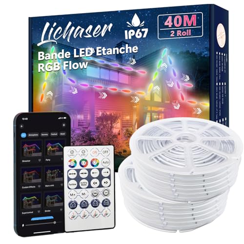 Lichaser 39m RGB+IC Ruban LED Exterieur Etanche DIY IP67, Suivi, Segmentation de Bandes LED avec Application BT et Télécommande RF pour une Utilisation en Extérieur