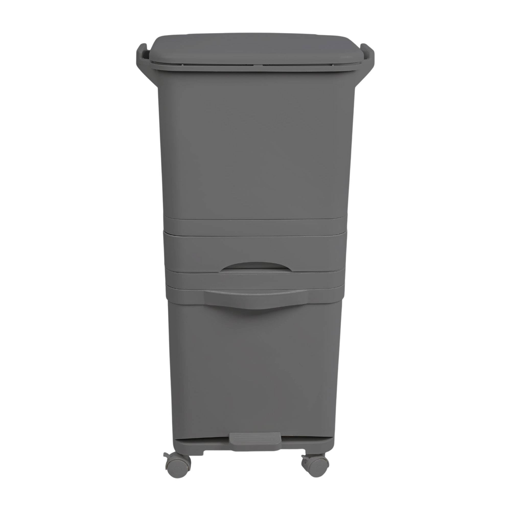 Papelera de reciclaje de clasificación selectiva con pedal, ruedas y asa de triple compartimento de 42L (24L + 4L + 14L) gris antracita