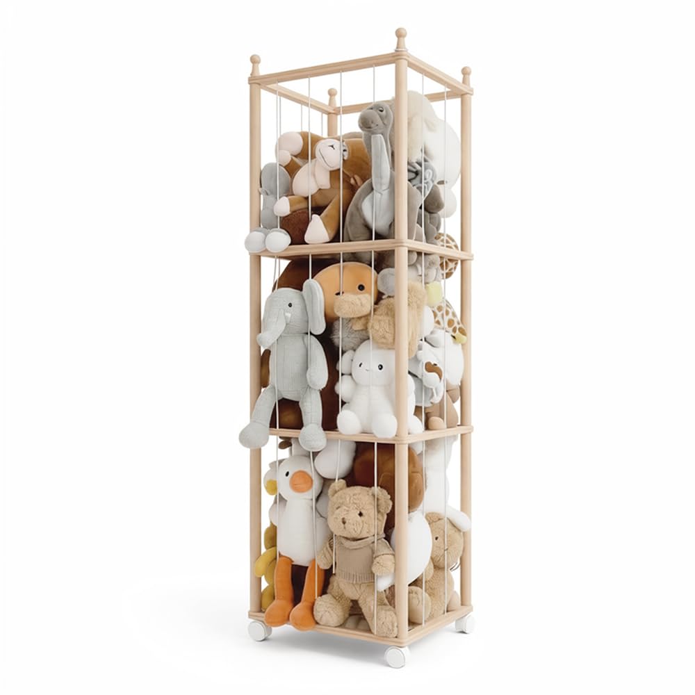 Wonder Space Scaffale in Legno per Peluche con Ruote, Grande Organizzatore Giocattoli per Cameretta, Supporto Sicuro ed Ecologico per Neonati e Bambini (Legno naturale)