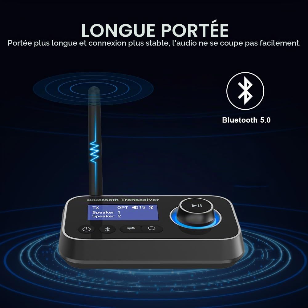 Émetteur Récepteur Bluetooth 3 en 1 Adaptateur Audio Bluetooth 5.3 Double Connexion Transmetteur Receveur Bluetooth avec RCA/Optique/AUX Contrôle du Volume Bypass vers TV, Stéréo, Écouteurs
