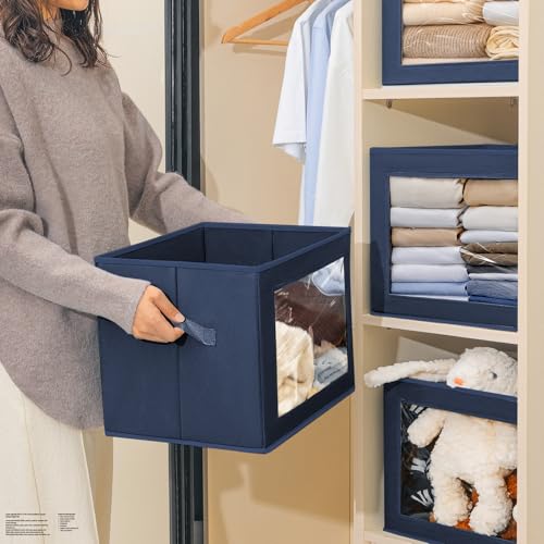 Image of Homsorout Stackable Storage Bins with Lids - Large Storage Box with Lids, Foldable Closet Boxes for Organizing, Wardrobe Clothes Organizer with Window, Cubes Bins for Living Room, 3 Pack, Navy Blue