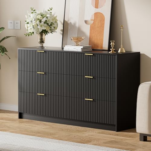 Image of Furniway Black Dresser for Bedroom, Modern Dresser with 6 Drawers and Smooth Slides, Wide Chest of Drawers with Golden Handles for Bedroom, Living Room, Closet, 15.7 inch D x 55.1 inch W x 31.4 inch H