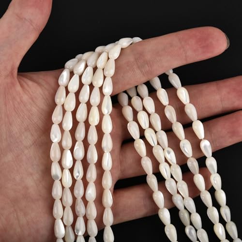 Image of HAAMIIQII Natural White Mother of Pearl Shell Beads 5x9mm Waterdrop Shape Semi Precious Stone Loose Gemstone Beads for Jewelry Making Strand 15 Inch (44-46pcs)