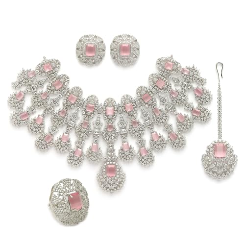 Image of ZENEME Rhodium-Plated American Diamond Studded Tasselled Necklace With Earrings Ring & MaangTikka Jewellery Set For Girls and Women