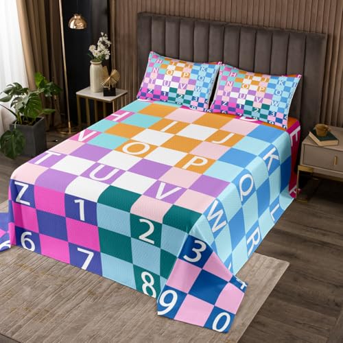 Homemissing ABC-Nummer Tagesdecke 170x210cm Schecked Alphabet Wohndecke Bunte Plaid Doppelbett Gesteppt 26 Englische Buchstaben Bettüberwurf Steppdecke